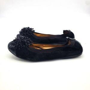 Alex Marie Shoes Women 7.5 Ballet Flats Beaded Pom Pom Black Leather